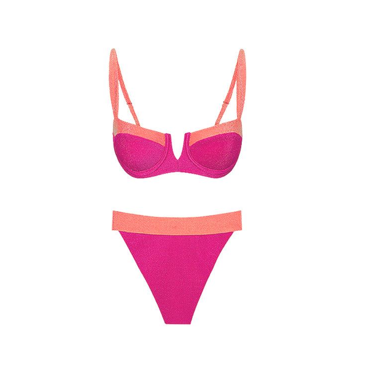 Chic Color-blocked Sparkly Bikini Set for Beach Vacation, Women's Swimwear Dress Style